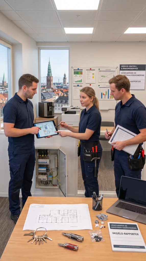 en driftmedarbejder og to håndværkere planlægger arbejde på en større virksomheds bygning
